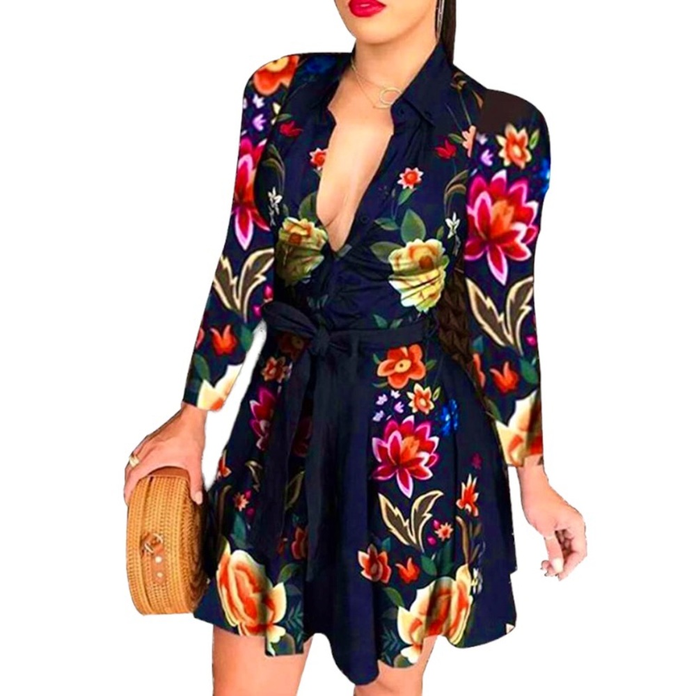 Women Floral Printed Casual Button Down Belted Blouse Dress SMALL